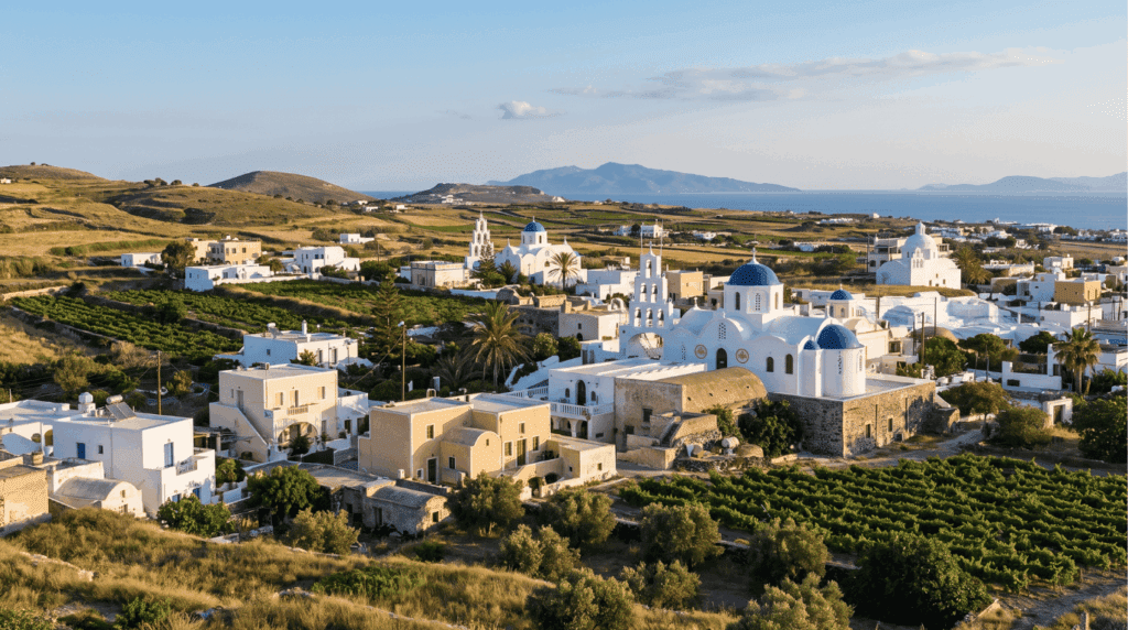 Quiet Karterados village among vineyards in central Santorini, a calm base for exploring the island